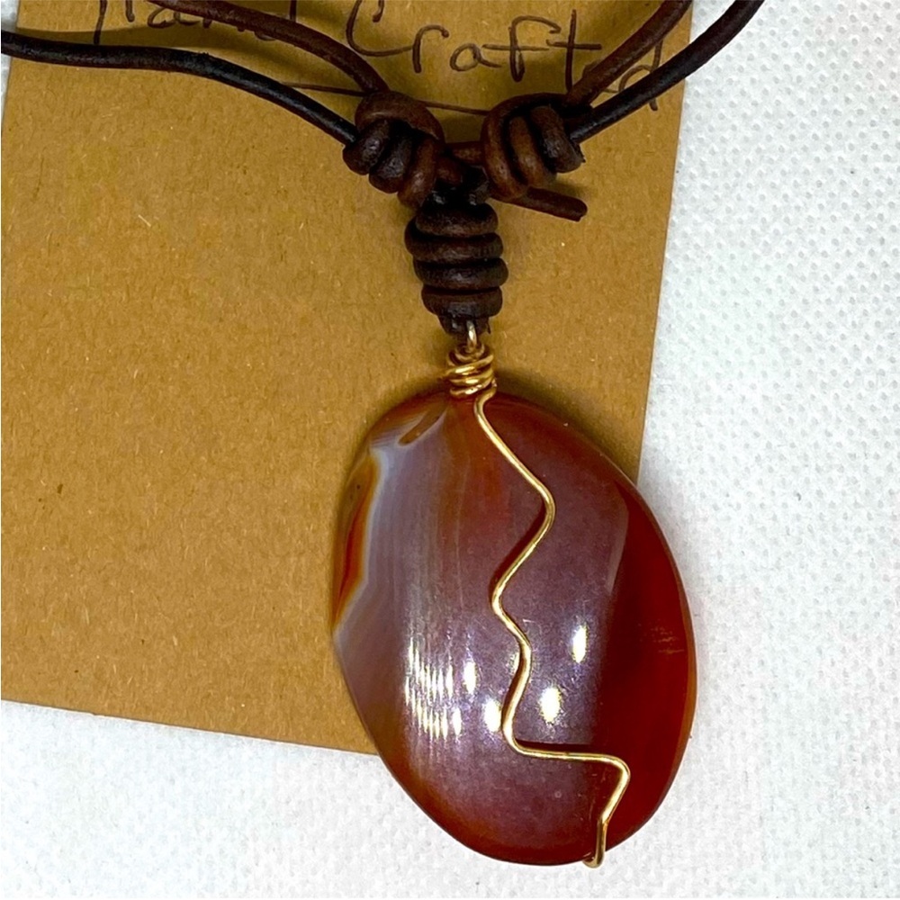 Red Agate and 18k Gold Plated Knotted Leather Necklace with Minimalist Desig
